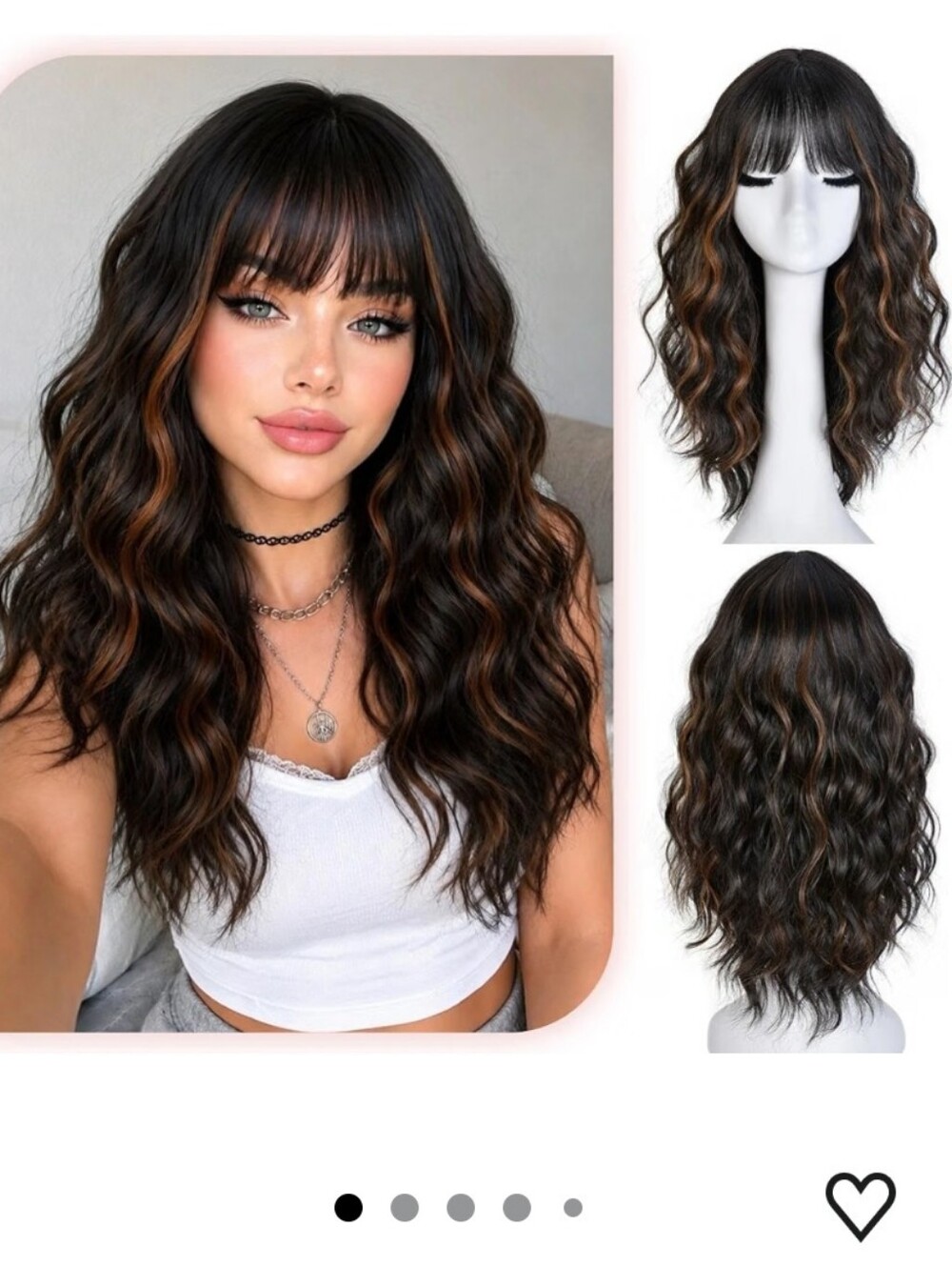 Brown Wavy Wig with Bangs Long Curly Synthetic Wigs for Women 20 Inch Highlights